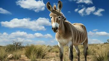 Foto av en zonkey under blå himmel. generativ ai