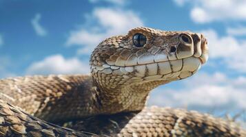Foto av en skallra orm under blå himmel. generativ ai
