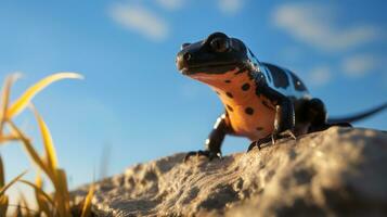 Foto av en salamander under blå himmel. generativ ai