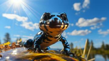 Foto av en salamander under blå himmel. generativ ai
