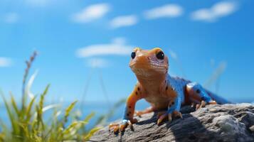 Foto av en salamander under blå himmel. generativ ai