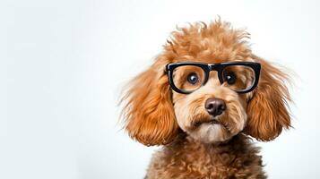 Foto av en pudel hund använder sig av glasögon isolerat på vit bakgrund. generativ ai
