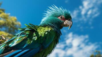 Foto av en quetzal under blå himmel. generativ ai