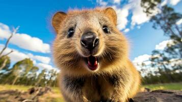 Foto av en Quokka under blå himmel. generativ ai