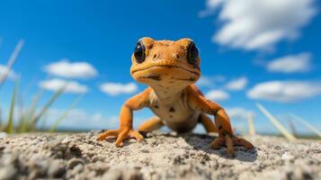 Foto av en newt under blå himmel. generativ ai