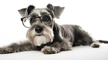 Foto av en miniatyr- schnauzer hund använder sig av glasögon isolerat på vit bakgrund. generativ ai