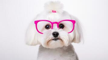 Foto av en maltese hund använder sig av glasögon isolerat på vit bakgrund. generativ ai