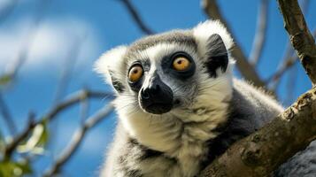 Foto av en lemur under blå himmel. generativ ai