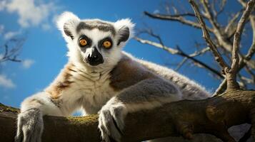 Foto av en lemur under blå himmel. generativ ai