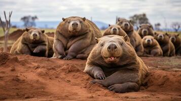 Foto av en besättning av wombat vilar i ett öppen område på de savann. generativ ai