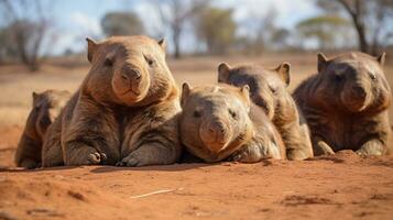 Foto av en besättning av wombat vilar i ett öppen område på de savann. generativ ai