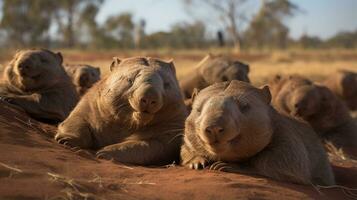 Foto av en besättning av wombat vilar i ett öppen område på de savann. generativ ai