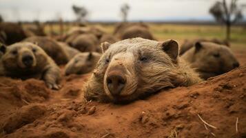 Foto av en besättning av wombat vilar i ett öppen område på de savann. generativ ai