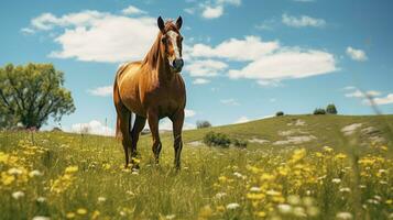 Foto av en häst i de jordbruksmark. generativ ai