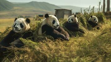 Foto av en besättning av panda vilar i ett öppen område på de savann. generativ ai