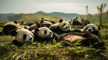 Foto av en besättning av panda vilar i ett öppen område på de savann. generativ ai