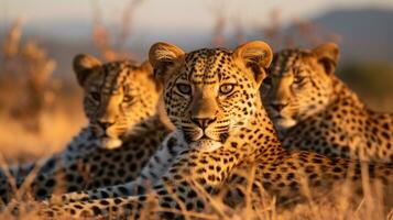 Foto av en besättning av leopard vilar i ett öppen område på de savann. generativ ai