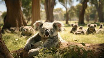 Foto av en besättning av koala vilar i ett öppen område på de savann. generativ ai