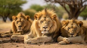 Foto av en besättning av lejon vilar i ett öppen område på de savann. generativ ai