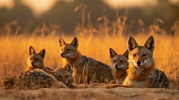 Foto av en besättning av schakal vilar i ett öppen område på de savann. generativ ai