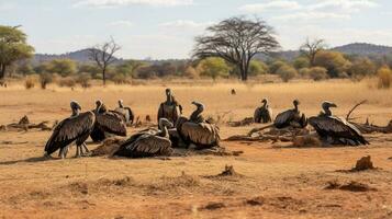 Foto av en besättning av gam vilar i ett öppen område på de savann. generativ ai