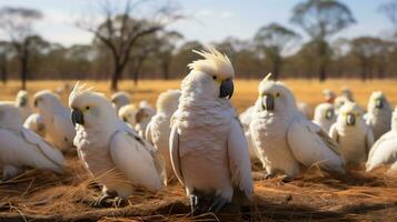 Foto av en besättning av kakadua vilar i ett öppen område på de savann. generativ ai