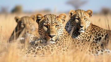 Foto av en besättning av afrikansk leopard vilar i ett öppen område på de savann. generativ ai