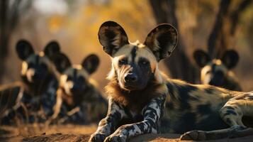 Foto av en besättning av afrikansk vild hund vilar i ett öppen område på de savann. generativ ai