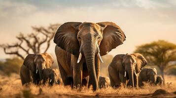 Foto av en besättning av afrikansk elefant vilar i ett öppen område på de savann. generativ ai