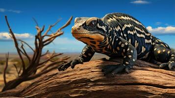 Foto av en gila monster under blå himmel. generativ ai