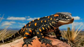 Foto av en gila monster under blå himmel. generativ ai