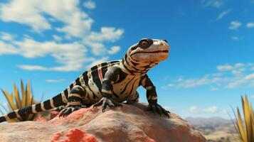 Foto av en gila monster under blå himmel. generativ ai