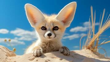 Foto av en fennec räv i en öken- med blå himmel. generativ ai