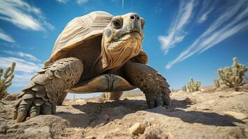 Foto av en öken- sköldpadda i en öken- med blå himmel. generativ ai