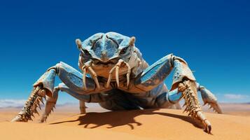 Foto av en öken- scorpion i en öken- med blå himmel. generativ ai