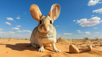 Foto av en öken- jerboa i en öken- med blå himmel. generativ ai