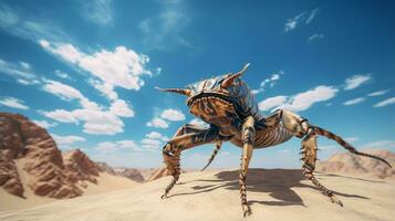 Foto av en öken- scorpion i en öken- med blå himmel. generativ ai