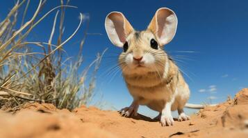 Foto av en öken- jerboa i en öken- med blå himmel. generativ ai