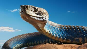 Foto av en kobra under blå himmel. generativ ai