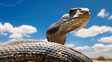 Foto av en kobra under blå himmel. generativ ai