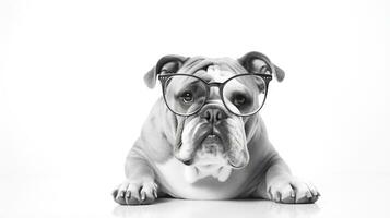 Foto av en bulldogg hund använder sig av glasögon isolerat på vit bakgrund. generativ ai