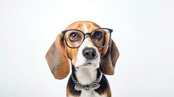 Foto av en beagle hund använder sig av glasögon isolerat på vit bakgrund. generativ ai