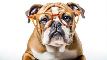 Foto av en bulldogg hund använder sig av glasögon isolerat på vit bakgrund. generativ ai