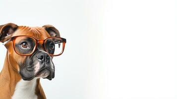 Foto av en bullmastiff hund använder sig av glasögon isolerat på vit bakgrund. generativ ai