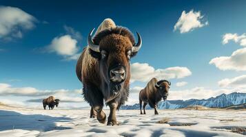 Foto av en bison under blå himmel. generativ ai