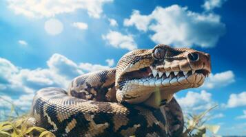 Foto av en boa constrictor under blå himmel. generativ ai