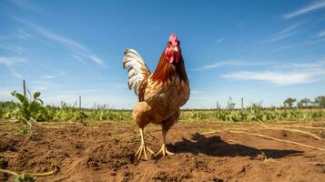 Foto av en bantam kyckling i de jordbruksmark. generativ ai