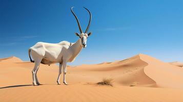 Foto av en arab oryx i en öken- med blå himmel. generativ ai