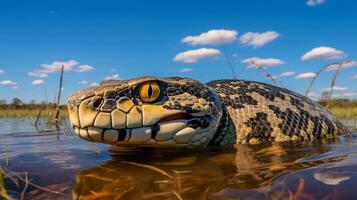 Foto av en anakonda under blå himmel. generativ ai