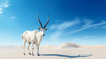 Foto av en arab oryx i en öken- med blå himmel. generativ ai